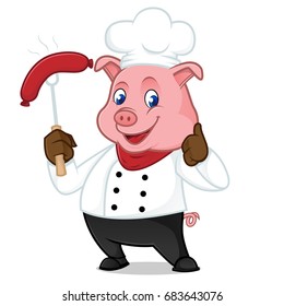 Chef pig cartoon mascot grilling sausage isolated on white background