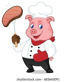 Chef pig cartoon mascot grilling pork isolated on white background