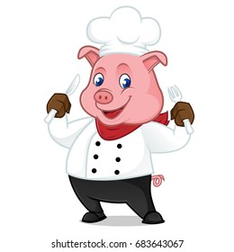 Chef pig cartoon mascot holding fork and knife isolated on white background