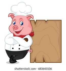Chef pig cartoon mascot leaning on wooden plank isolated on white background