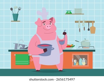 Chef pig. cartoon mascot pig preparing food on kitchen