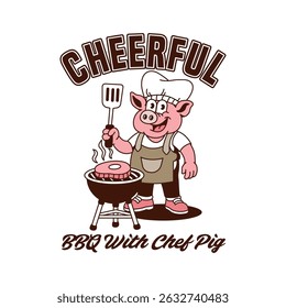 Chef porco cherfuul bonito retro desenho animado vetor mão desenhada