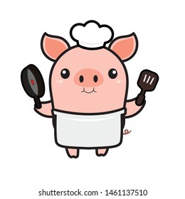 Chef pig holding pan wearing chef costume , character design cartoon style