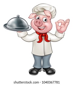 A chef pig mascot cartoon character holding a silver platter cloche food dome tray and doing a perfect hand gesture