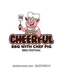 Chef pig mascot logo cute retro cartoon vector hand drawn