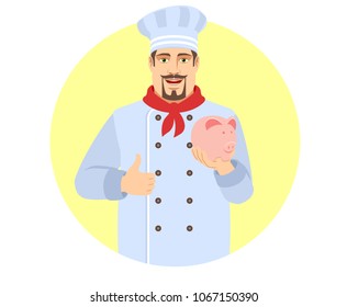 Chef with piggy bank showing thumb up. Portrait of Chef in a flat style. Vector illustration. 