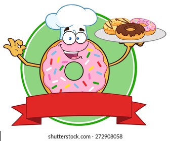 Chef Pink Donut Cartoon Character Serving Donuts Circle Label. Vector Illustration Isolated On White