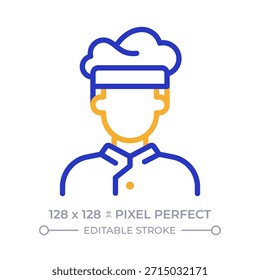 Icono de línea de dos colores perfecto de píxeles de Chef. Profesional cocinero. Preparación de alimentos. Símbolo de contorno bicolor de la cabeza de cocina del restaurante. Pictograma lineal duotono. Ilustración aislada. Trazo editable
