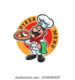 chef with pizza cartoon logo mascot