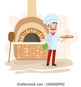 Chef with pizza. Cartoon pizza maker near an authentic oven,flat vector illustration