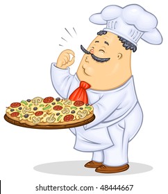 Chef with Pizza Color Illustration