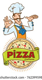 Chef with pizza. Emblem design of funny baker man and vintage logo. Children vector illustration.