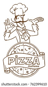 Chef with pizza. Emblem design of funny baker man and vintage logo. Children vector illustration.