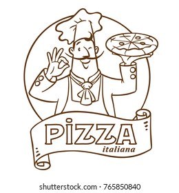 Chef with pizza. Emblem design of funny baker man and vintage logo. Children vector illustration.