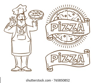 Chef with pizza. Emblem design of funny baker man and logo with cartoosh and vintage fonts, monochrome version. Children vector illustration.