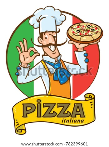 Chef with pizza. Emblem design of funny baker man on background of the colors of Italian flag and vintage logo. Children vector illustration.