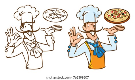 Chef with pizza. Funny baker man with mustaches in baker hat, coat and apron. Children vector illustration.