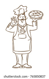 Chef with pizza. Funny baker man with mustaches in baker hat, coat and apron. Children vector illustration.