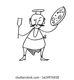 chef with pizza in hand. Cartoon character, Stick figure, Doodle illustration. vector