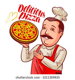 Chef with pizza in hand. Pizzeria, fast food concept. Cartoon vector illustration
