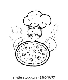 Chef with pizza, handmade ink vector illustration