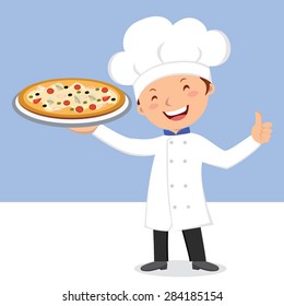 Chef with pizza. Happy chef thumb up with a plate of cheese pizza.