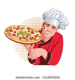 Sonríe el chef con una pizza en las manos, un joven chef vestido con traje rojo y sombrero de chef en la cabeza. Afiche, etiqueta para la cafetería pizzería, restaurante, diseño de folletos, menú.