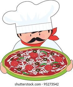 Chef and Pizza The chef is holding out his all dressed, fresh pizza.