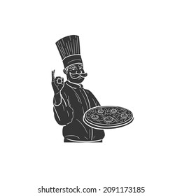 Chef Pizza Icon Silhouette Illustration. Italian Pizzeria Vector Graphic Pictogram Symbol Clip Art. Doodle Sketch Black Sign.