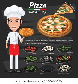 chef pizza. pizza ingredients. cartoon illustration