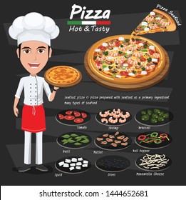 chef pizza. pizza ingredients. cartoon illustration