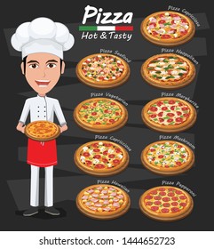 chef pizza. pizza ingredients. cartoon illustration