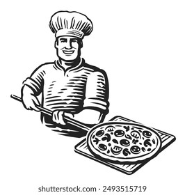 Chef con pizza. Comida italiana, comida rápida, emblema de restaurante o diseño de logotipo. Ilustración vectorial de boceto dibujada a mano