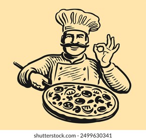 Chef with pizza. Italian food, fast food restaurant emblem or logo design. Sketch vector illustration