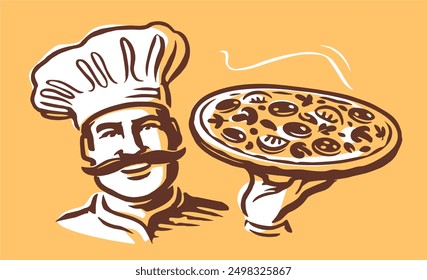 Chef and pizza. Italian restaurant vector illustration