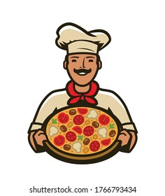 Chef with pizza logo. Menu design for cafe and restaurant. Vector illustration