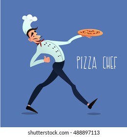  Chef with pizza. For pizza menu. Italian pizza. Pizza delivery. Vector illustration in a flat style