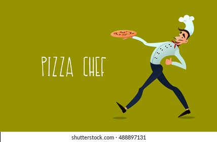  Chef with pizza. For pizza menu. Italian pizza. Pizza delivery. Vector illustration in a flat style