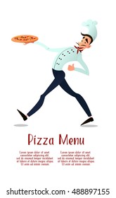  Chef with pizza. For pizza menu. Italian pizza. Pizza delivery. Vector illustration.