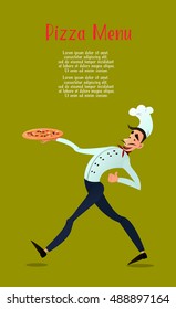  Chef with pizza. For pizza menu. Italian pizza. Pizza delivery. Vector illustration.