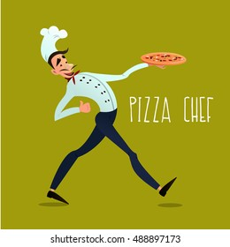  Chef with pizza. For pizza menu. Italian pizza. Pizza delivery. Vector illustration in a flat style