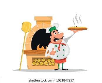 Chef with pizza near a pizza oven
