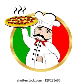 Chef pizza on background of the flag of Italy