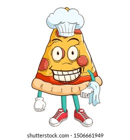 chef of pizza slice cartoon character bring a napkin with funny smile face