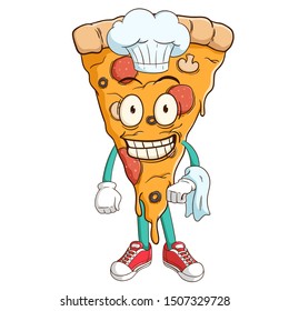 chef of pizza slice cartoon character bring a napkin with funny smile face