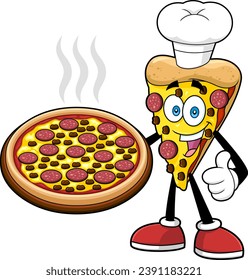 Chef Pizza Slice Cartoon Character Present The Best Pepperoni Pizza. Vector Hand Drawn Illustration Isolated On Transparent Background