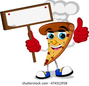 chef Pizza slice cartoon thumb up holding blank sign