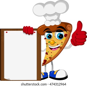chef Pizza slice cartoon thumb up with blank sign