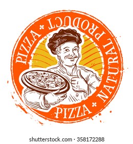 chef and pizza. stamp. vector illustration