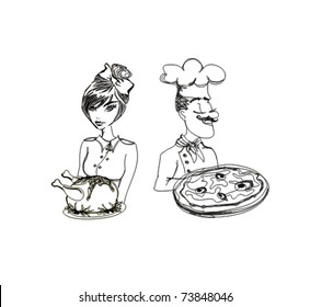 chef with pizza and Waitress serving a chicken